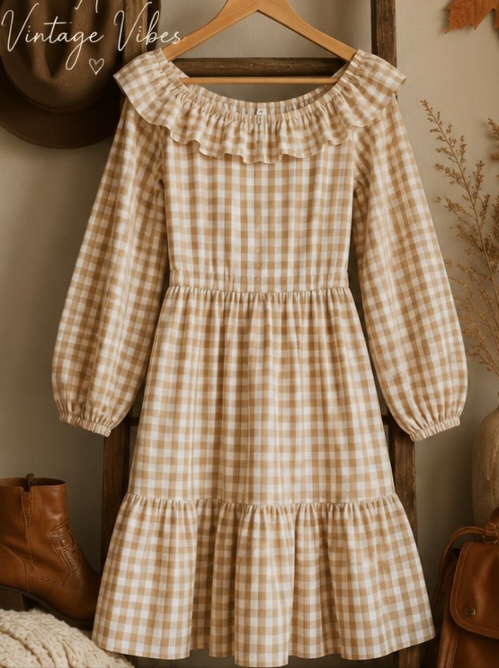 J. Crew Beige Gingham Ruffle Off-Shoulder Dress Size 6